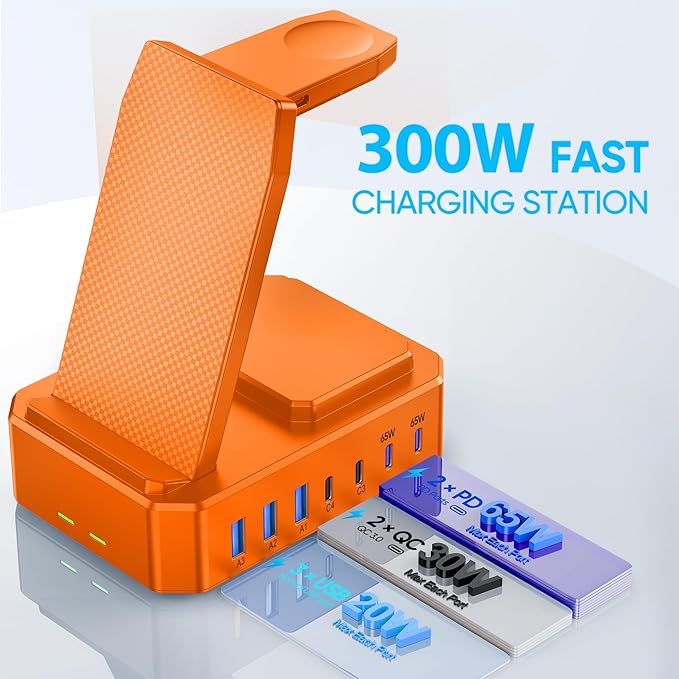 300W Charging Station for Multiple Devices Apple, Zutspzss 10 in 1 Wireless Charger for iPhone 16, GaN III USB C 65W PD Fast Charging Stand Dock for MacBook, Apple Watch&Airpods,Orange