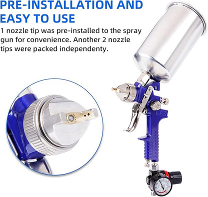 BANG4BUCK Professional HVLP Gravity Feed Air Spray Gun, 1.4mm 1.7mm 2.5mm Nozzles, 1000cc Aluminum Cup with Gauge for Auto Paint, Primer, Clear/Top Coat & Touch-Up