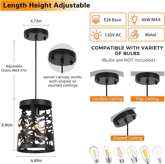 2 Pack Rustic Pendant Lights with Bear and Deer Design, 1-Light Black Round E26 Base Cage Metal Fixture Adjustable Hanging Height for Kitchen Island, Hallway, Dining Room, Foyer, Bedroom