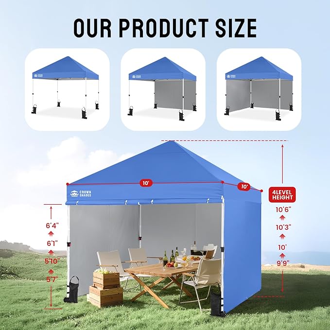 CROWN SHADES 10x10 Pop Up Canopy Tent Instant Commercial 1-Person Setup Patended Centerlock with 400D Fabric, 4 Sidewalls, 4" Wheels, 4 Upgraded Weights, Sto'N Go Bag, Blue