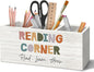 Boho Reading Corner Pen Holder Organizer for Desk Accessories, Boho Classroom Reading Wooden Box Desk Decorations for School Kids Room Bedroom Decor, Book Lovers Reader Bookish Gifts