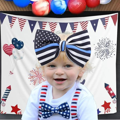 YanJie 7" Baby Girls Headbands National Police Week Hair Bow Blue Line Flag Printed Headbands Police Support Nylon Headband Infant Bows Gift