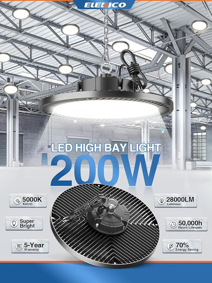 High Bay LED Shop Lights 200W 8 Pack with Plug 5' Cord Safety Rope Hook, Super Bright 28000lm 5000K UFO LED High Bay Light Lighting Lamp for Warehouse Workshop Factory Barn Garage Gym