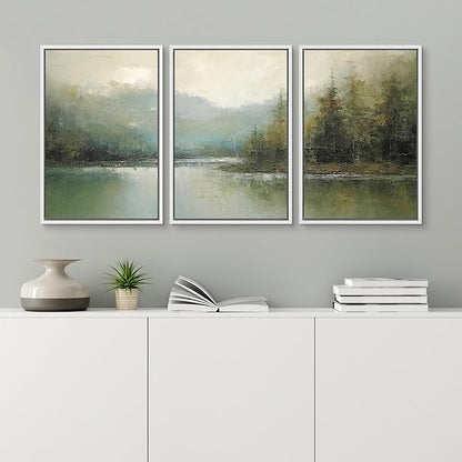 wall26 Framed Canvas Print Wall Art Set Emerald Green Pastel Pine Tree Forest Nature Wilderness Illustrations Modern Art Decorative Rustic Relax/Calm Colorful for Bedroom - 16"x24"x3 White