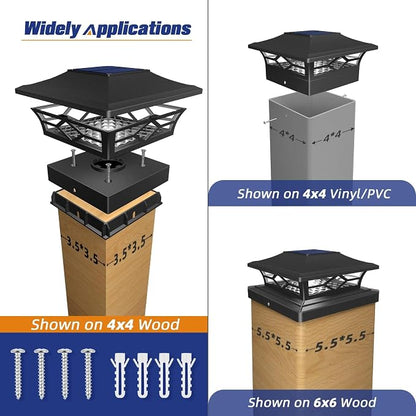 APONUO Solar Post Cap Lights with 8 RGB Colors and Multicolor Flow, Ultra-Bright Clear Lens, IP65 Waterproof for 4x4 5x5 6x6 Wood & Vinyl Fence Posts, 6 Pack Black