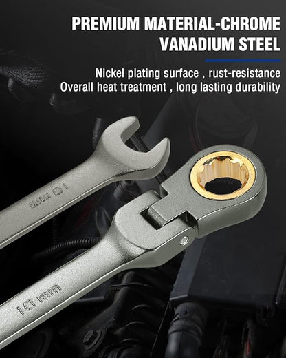 WORKPRO 10 mm Flex-Head Ratcheting Combination Wrench, Cr-V Constructed, Nickel Plating, 72-Teeth, 12 Point Design, Metric
