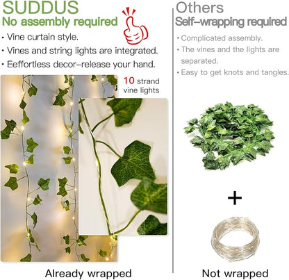 suddus Vines with Light for Bedroom, 200 LED Fairy Lights with Vines, Ivy Curtain Lights for Dorm, Wedding, Party, Wall, Indoor, Outdoor Decor, 6.5ft x 6.5ft with Remote（Warm White）