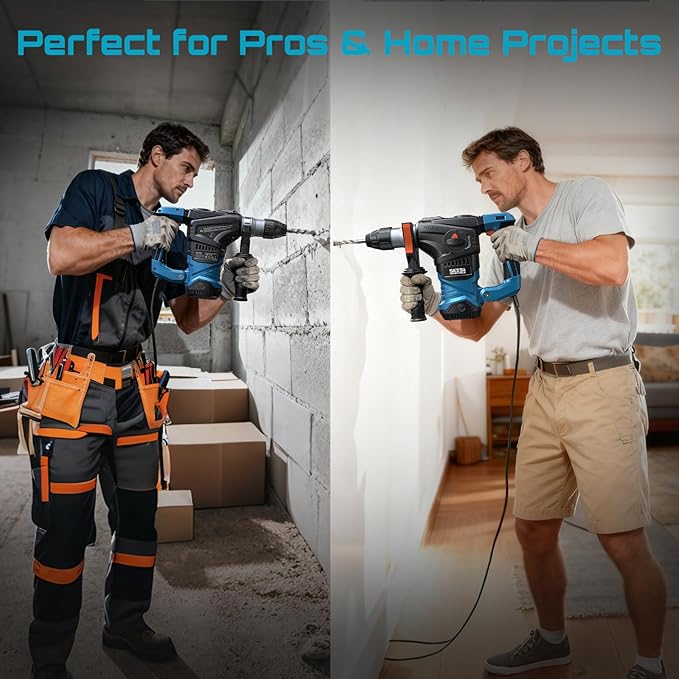 Seesii Heavy Duty Rotary Hammer: 13 Amp 1-1/4" SDS-Plus Demolition Hammer Drill for Concrete, Brick & Stone, 6J Power with 4 Functions, Safety Clutch & Anti-Vibration, Drill Bits and Chisels Included
