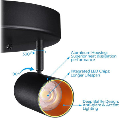 LEONLITE 36W 5CCT 3 Light LED Directional Ceiling Spotlight Fixtures, Adjustable Spot Light Flush Mount, Dimmable Accent Lighting for Kitchen, Hallway, 110-277V, 3200lm, CRI90, Black