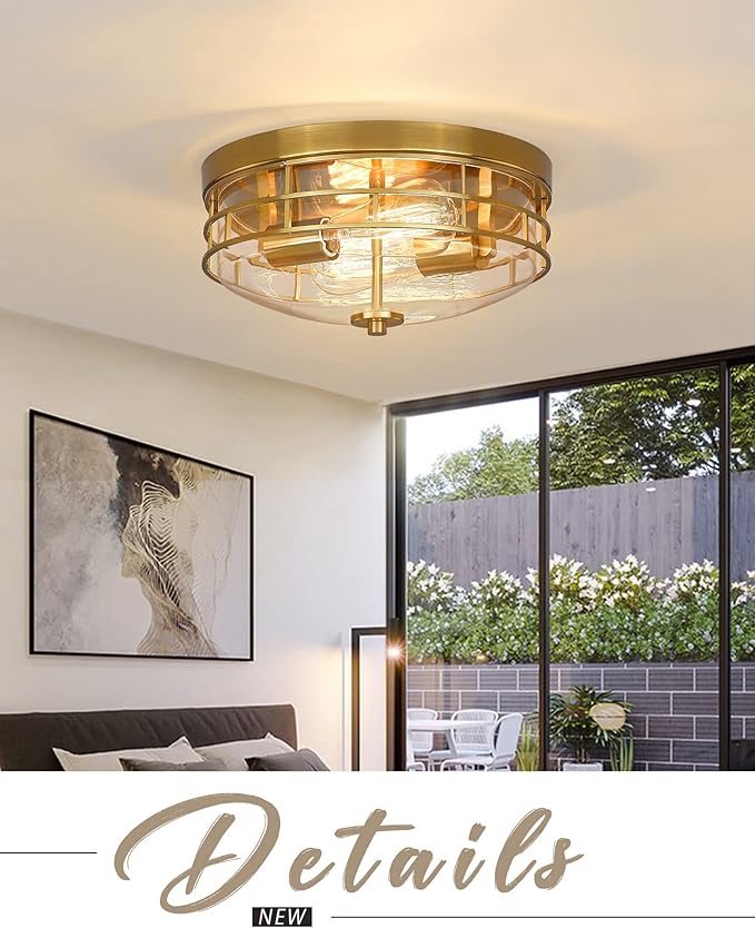FEMILA Flush Mount Ceiling Light Fixture, 13" Modern Farmhouse Ceiling Light with Clear Glass and Brushed Gold Finish for Entryway Bedroom Kitchen Hallway,4FTJ55-F BG