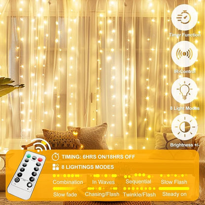 Fairy Curtain Lights Upgraded Tangle-Free Warm White USB Plug in 8 Modes String Hanging Lights with Remote for Christmas, Bedroom, Indoor, Outdoor, Weddings, Party (6.6FTx10FT)