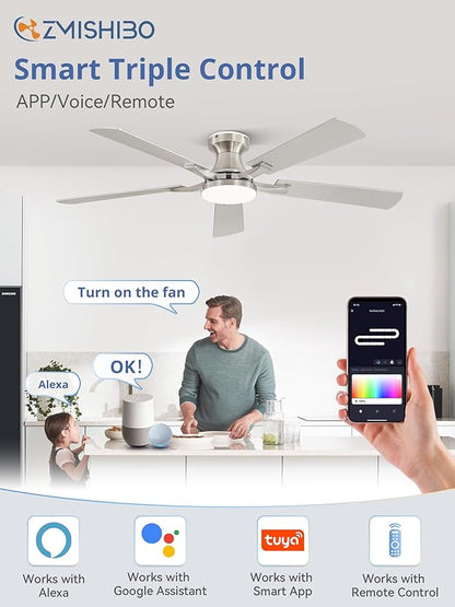 ZMISHIBO 52 Inch Ceiling Fan with RGB Lights, Low Profile Flush Mount with Alexa/App/Remote, Dimmable 20W LED Light, Nickel Modern for Living Room, Bedroom, Game Room