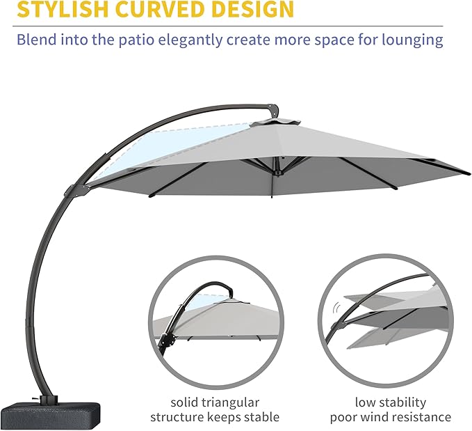 Kingdura 11ft Offset Cantilever Patio Umbrella with Base Included, Large Round Aluminum Outdoor Umbrella, 360° Rotation & Infinite Tilt, Heavy Duty Frame for Deck Pool Backyard, Light grey