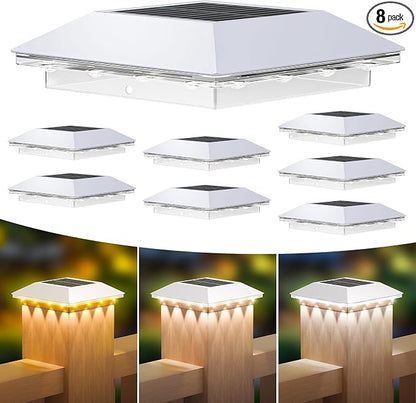 Mlambert 8 Pack Solar Post Cap Lights Outdoor - 3 Lighting Modes Waterproof LED Solar Post Lights Fit 3.5×3.5 Wood/4×4 Vinyl Fence Deck Posts, White