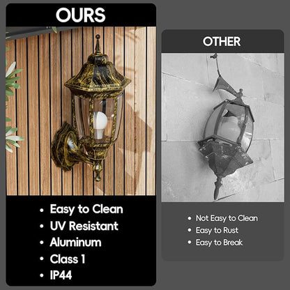 EMART Dusk to Dawn Outdoor Porch Light, Exterior Anti-Corrosion, Waterproof Aluminum & Glass Shades Wall Lamp Fixture, Modern Sconce Lantern for Yard, House, Garage - 2 Pack, Gold （Bulb Included）