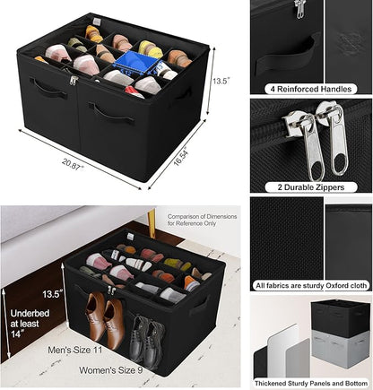 Shoe Organizer for Closet, Foldable Shoe Box with Adjustable Dividers and Clear Cover, Space Saving Shoe Storage Organizer Cabinet with Reinforced Handles, Fits 16 Pairs, Black, TP09B