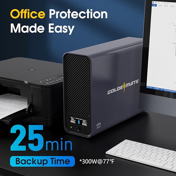 GOLDENMATE 1000VA/600W Lithium UPS Battery Backup & Surge Protector, Backup Battery Power Supply with LiFePO4 Batteries(153.6 Wh), Sinewave UPS System, 10 Years Lifespan, 8 Outlets, LCD Display, Gray