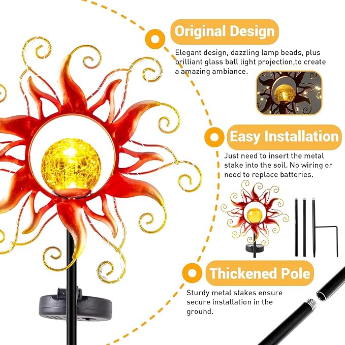 Solar Lights Outdoor Waterproof Red Sun Metal Crackle Glass Stake Decorative for Outside,Yard,Lawn,Patio,Walkway Mothers'Day Gifts Mom Grandma Garden Lover