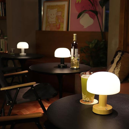 HAPYGI Small Mushroom Table Lamp, Cordless Night Light with 2600mAh Rechargeable Battery, Stepless Dimming Desk Lamp with 3 Colors for Bedroom/Patio/Living Room (White-1)
