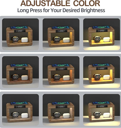 Bamboo Charging Station for Multiple Devices, 15W Fast Wireless Charger Night Light with 3 Color& 4 Adjustable Brightness, Night Stand Charger Station for iPhone/iWatch/AirPods (6955)