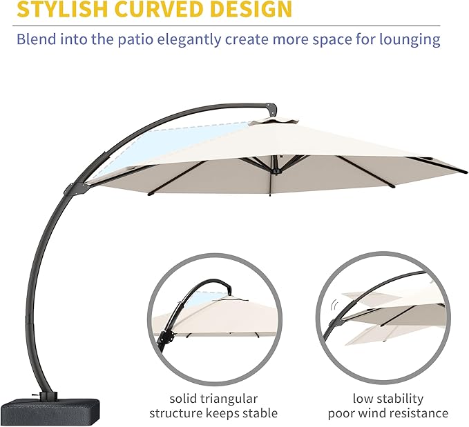 Kingdura 11ft Offset Cantilever Patio Umbrella with Base Included, Large Round Aluminum Outdoor Umbrella, 360° Rotation & Infinite Tilt, Heavy Duty Frame for Deck Pool Backyard, Creamy White