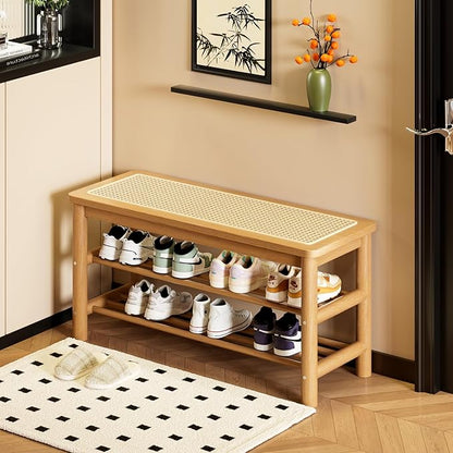 latifolia Shoe Rack Bench, 3-Tier Bamboo Shoe Bench with Breathable Rattan Seat Cushion, Shoe Storage Rack for Entryway(Nautre,31.50''L)