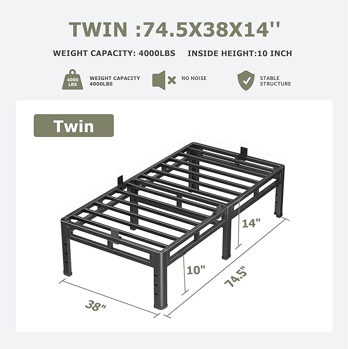 NKZ Twin Size Bed Frame 14 Inch, Metal Bed Frame & Box Spring 2 in 1 Platform with Round Corner Legs, 4000lbs Weight Capacity Reinforced Metal Frame, Headboard Hole, Noise-Free, Easy Assembly