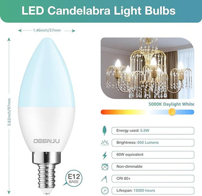DEGNJU 60 Pack Chandelier Light Bulbs, 60 Watt Equivalent, 5.5W E12 LED Candelabra Light Bulbs, Daylight White 5000K B11 Ceiling Fan Bulb, Type b Shape, 650 Lumen, 120V, Non-Dimmable