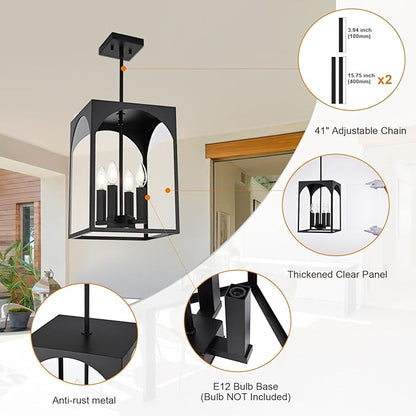 VINLUZ Large Outdoor Indoor Pendant Light 4-Light, Classic Black Finish Metal Chandelier Outside Hanging Fixture Ceiling Mount with Clear Glass Shade for Front Porch Entrance Foyer