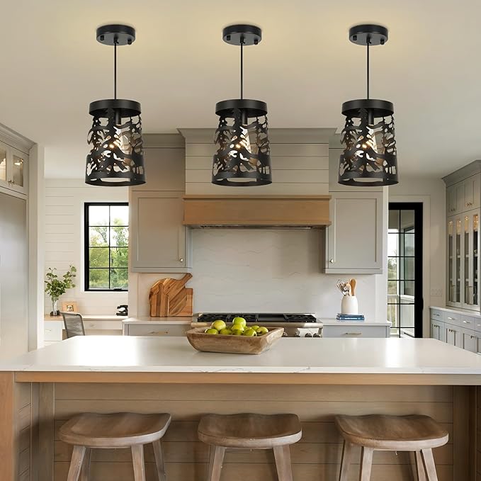 2 Pack Rustic Pendant Lights with Bear and Deer Design, 1-Light Black Round E26 Base Cage Metal Fixture Adjustable Hanging Height for Kitchen Island, Hallway, Dining Room, Foyer, Bedroom
