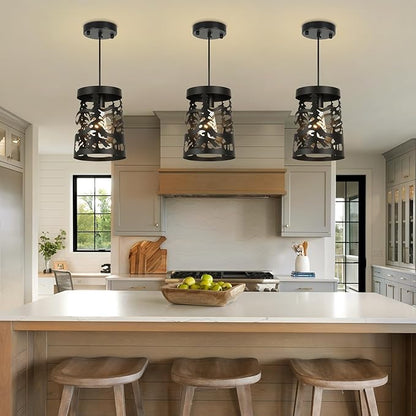 2 Pack Rustic Pendant Lights with Bear and Deer Design, 1-Light Black Round E26 Base Cage Metal Fixture Adjustable Hanging Height for Kitchen Island, Hallway, Dining Room, Foyer, Bedroom
