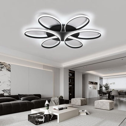 Modern LED Ceiling Light Fixture Black Flush Mount Ceiling Lamp with Remote Control Dimmable 6 Rings Flower Shaped Ideal for Living Room Bedroom Dining Room Kitchen(120CM/47.3IN)