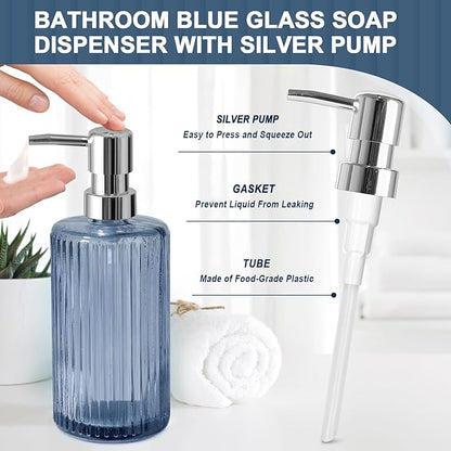Blue Bathroom Accessories 5 Pcs, Glass Bathroom Accessory Set, Vintage Blue Bathroom Set, Royal Soap Dispenser and Toothbrush Holder Set, Qtip Holder, Small Flower Vase, Modern Bathroom Decor