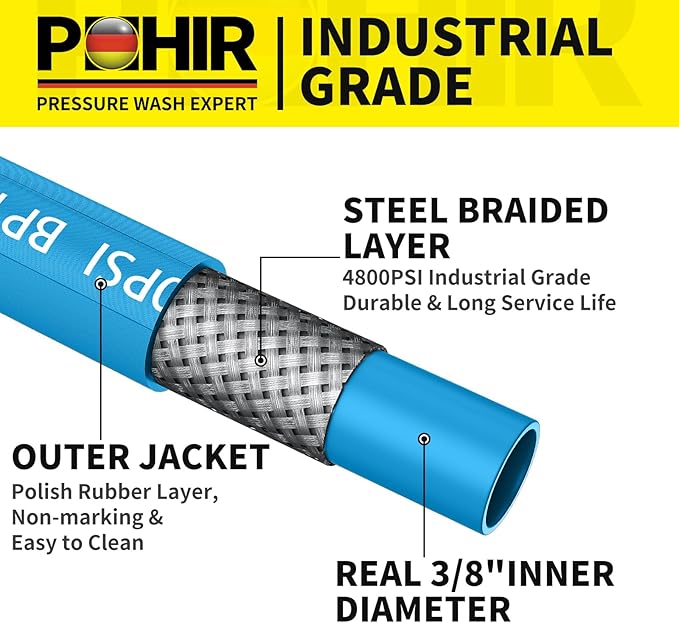 POHIR 150ft Pressure Washer Hose 3/8" 4800 PSI, Kink Resistant Industrial Grade Hose with Quick Connect Ends and Adapters for Hot & Cold Water up to 248°F, Steel Wire Braided Hose for Power Washing