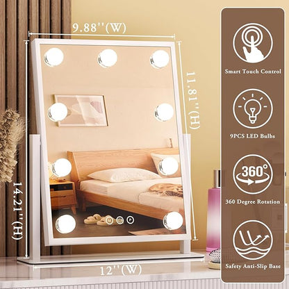 Vanity Mirror with Lights, Lighted Makeup Mirror Hollywood Makeup Mirror with 9 Dimmable Bulbs and 3 Color Lighting Modes, Smart Touch Control, 360°Rotation