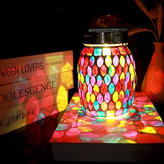 Mosaic Lights Outdoor Hanging Lanterns, Rechargeable Mosaic Solar Lanterns， Outdoor Waterproof Solar Night Lights Table Lamps for Decorations