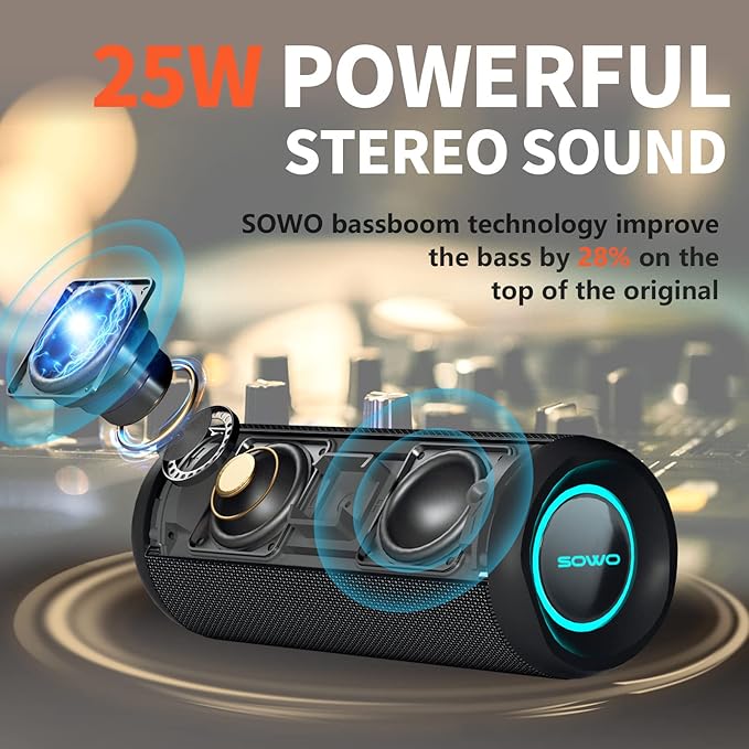 Wireless Portable Speaker,IPX7 Waterproof Bluetooth Speaker, 25W Loud Stereo Sound, Bassboom Technology, TWS Pairing, Built-in Mic, 16H Playtime with Lights for Home Outdoor - Black