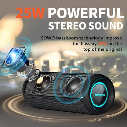 Wireless Portable Speaker,IPX7 Waterproof Bluetooth Speaker, 25W Loud Stereo Sound, Bassboom Technology, TWS Pairing, Built-in Mic, 16H Playtime with Lights for Home Outdoor - Black