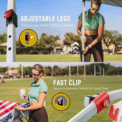 CROWN SHADES 10x10 Pop Up Canopy - Beach Tent with One Push Setup - Easy Outdoor Sun Shade for Events, Parties, Camping - Gazebo with STO-N-Go Cover Bag, Silver Coated Top, American Flag