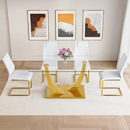 AZmac 63" Glass Dining Table Set for 4,Luxury Gold Dining Room Set with Stainless Steel Pedestal, Rectangular Tempered Glass Kitchen Table with PU Leather Chairs, for Kitchen Apartment