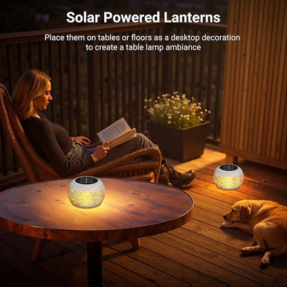 Solar Lanterns Outdoor Waterproof Table Lights: Upgraded Solar Flame Lantern, 2 Lighting Modes White Lantern Flickering Light for Garden Yard Balcony Indoor Tabletop Decor, Gifts for Women