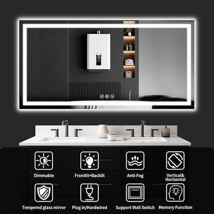 LED Bathroom Mirrors 28"x60" Bathroom Mirror with Lights for Wall, Backlit + Front Lit, 3 Colors, Anti-Fog, Dimmable Brightness for Vanity,Bathroom, Entryway, Living Room