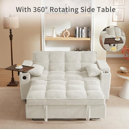 65'' Convertible Sleeper Sofa Bed with Adjustable Backrest, Chaise Lounge, Side Table & USB/Type-C Ports – Stylish & Functional Addition to Any Living Room (Modern Beige Sofa Bed)