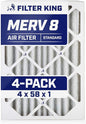 Filter King 4x58x1 Air Filter | 4-PACK | MERV 8 HVAC Pleated A/C Furnace Filters | MADE IN USA | Actual Size: 4 x 58 x .75"