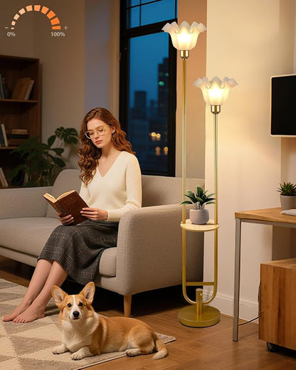 Lightdot Dimmable Flower Floor Lamp with Table for Living Room, Modern Mid Century Gold Metal Tall Standing Lamp for Bedroom/Sofa Beside/Corner Decor (Bulb Included)