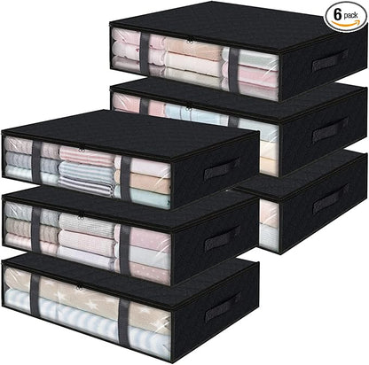 StorageRight Under Bed Storage Bags 6 Pack, 40L Large Clothes & Comforter Storage Containers with Clear Window, Breathable Fabric Organizer for Blankets, Bedding, Seasonal Clothing, Black