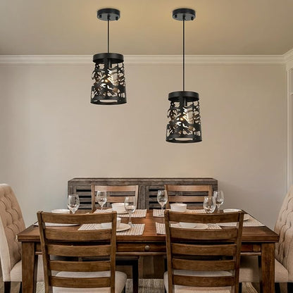 2 Pack Rustic Pendant Lights with Bear and Deer Design, 1-Light Black Round E26 Base Cage Metal Fixture Adjustable Hanging Height for Kitchen Island, Hallway, Dining Room, Foyer, Bedroom