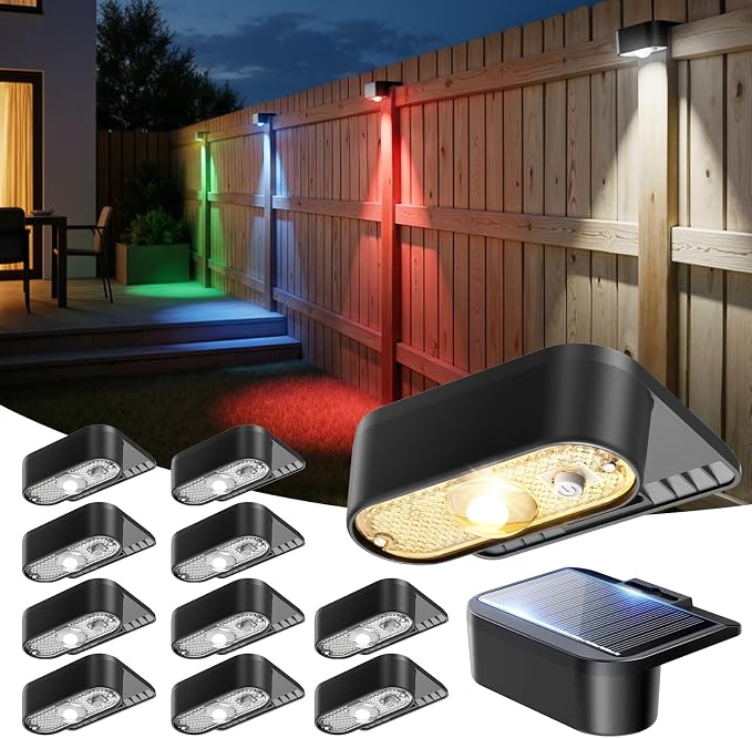 JOFIOS Solar Fence Lights Outdoor, 9 Fixed Colors ＆ Color Changing Solar Deck Lights Outdoor Waterproof IP44 Dusk-to-Dawn Fence Lights Solar Powered for Patio, Railing, Porch, Stair, Dock, 12 Pack
