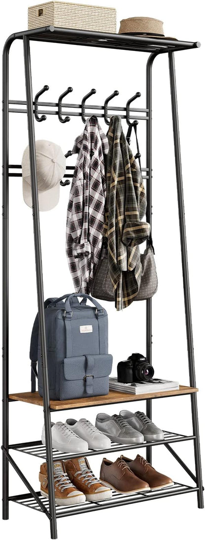 4-in-1 Hall Tree with Shoe Storage Bench & 10 Hooks – Freestanding Entryway Coat Rack, Double Row Hooks, Metal Frame, Rustic Brown Wood – Living Room, Bedroom, Foyer – 60cm Width