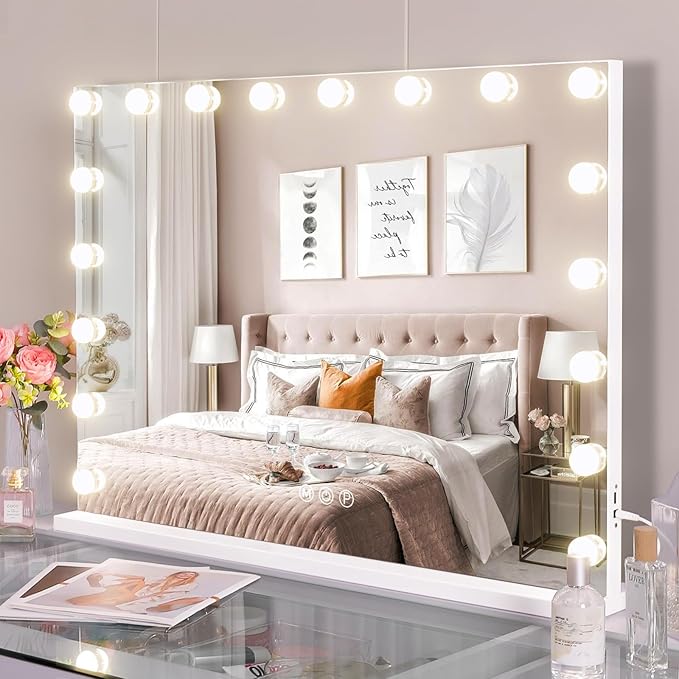 Fenair Large Vanity Makeup Mirror with Lights 32"X23" Lighted Hollywood Mirror with 18 Dimmable Bulbs, 3 Color Light Settings, USB Port, Bedroom Makeup Mirror for Tabletop